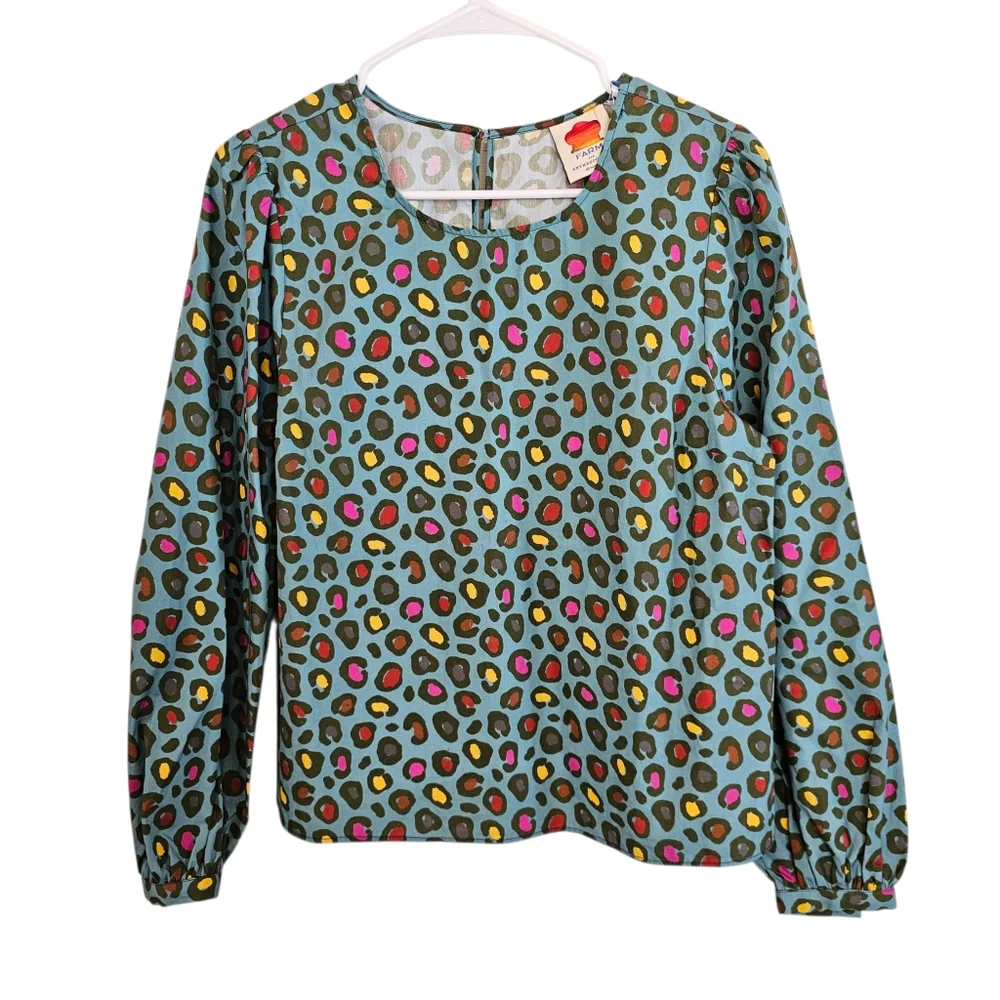 Farm Rio Hanya Puff Sleeve Multicolored Animal Print Blouse